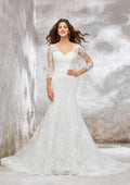 Elegant Trumpet/Mermaid V-Neck 3/4 Sleeve Chapel Train Satin Lace Wedding Dress with Beading and Sequins BM bride