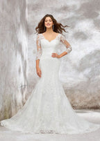 Elegant Trumpet/Mermaid V-Neck 3/4 Sleeve Chapel Train Satin Lace Wedding Dress with Beading and Sequins BM bride