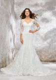 Elegant Trumpet/Mermaid V-Neck 3/4 Sleeve Chapel Train Satin Lace Wedding Dress with Beading and Sequins BM bride
