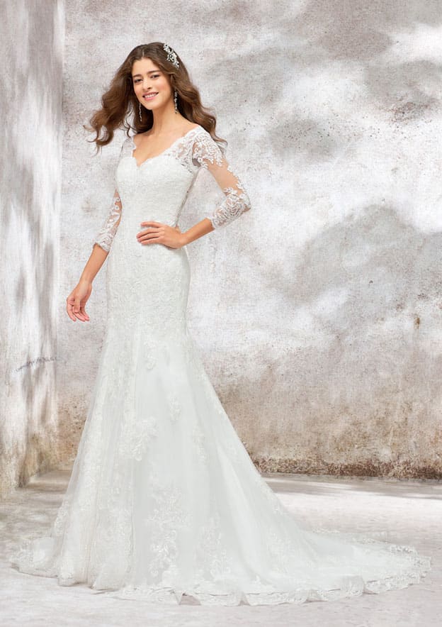 Elegant Trumpet/Mermaid V-Neck 3/4 Sleeve Chapel Train Satin Lace Wedding Dress with Beading and Sequins BM bride