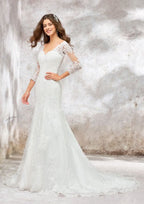 Elegant Trumpet/Mermaid V-Neck 3/4 Sleeve Chapel Train Satin Lace Wedding Dress with Beading and Sequins BM bride