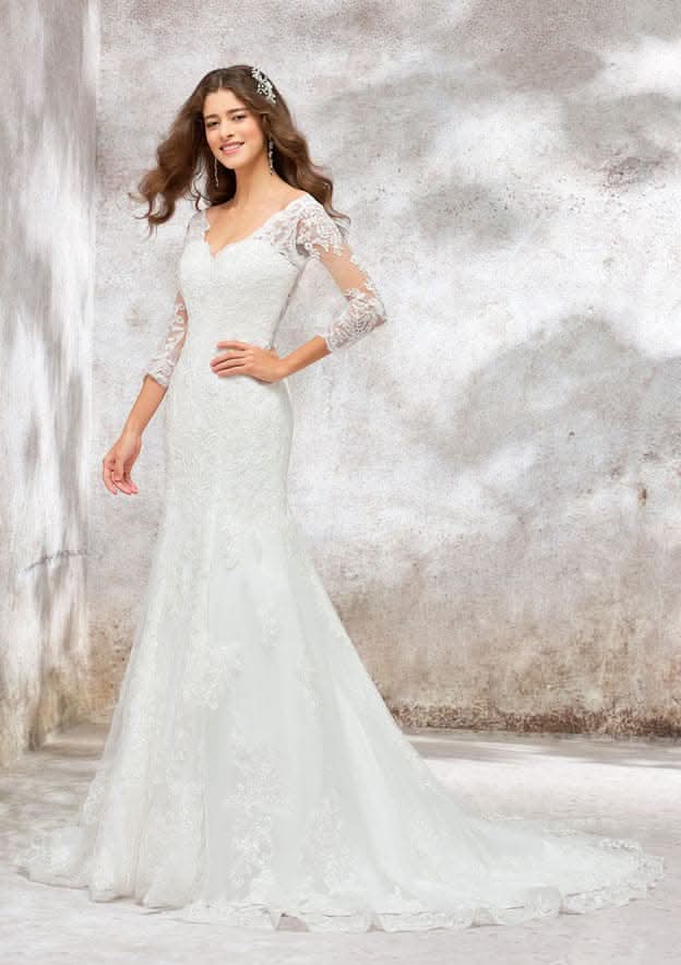 Elegant Trumpet/Mermaid V-Neck 3/4 Sleeve Chapel Train Satin Lace Wedding Dress with Beading and Sequins BM bride