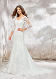 Elegant Trumpet/Mermaid V-Neck 3/4 Sleeve Chapel Train Satin Lace Wedding Dress with Beading and Sequins BM bride
