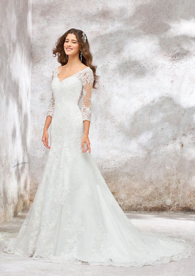 Elegant Trumpet/Mermaid V-Neck 3/4 Sleeve Chapel Train Satin Lace Wedding Dress with Beading and Sequins BM bride