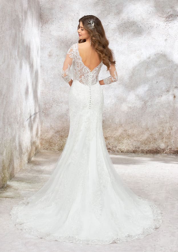 Elegant Trumpet/Mermaid V-Neck 3/4 Sleeve Chapel Train Satin Lace Wedding Dress with Beading and Sequins BM bride