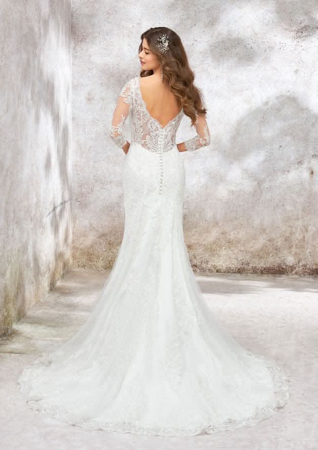 Elegant Trumpet/Mermaid V-Neck 3/4 Sleeve Chapel Train Satin Lace Wedding Dress with Beading and Sequins BM bride