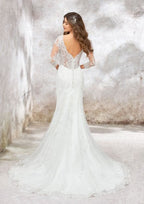 Elegant Trumpet/Mermaid V-Neck 3/4 Sleeve Chapel Train Satin Lace Wedding Dress with Beading and Sequins BM bride