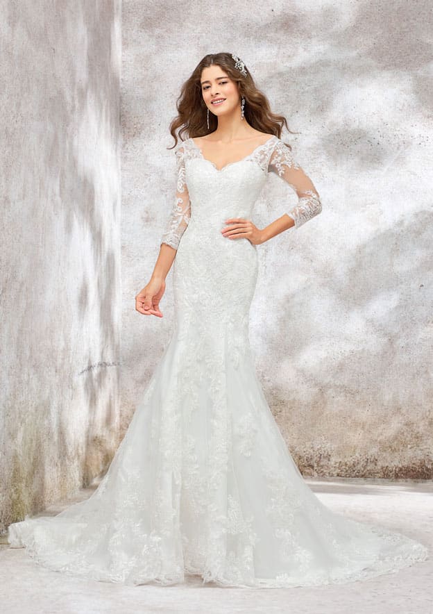 Elegant Trumpet/Mermaid V-Neck 3/4 Sleeve Chapel Train Satin Lace Wedding Dress with Beading and Sequins BM bride