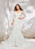 Elegant Trumpet/Mermaid V-Neck 3/4 Sleeve Chapel Train Satin Lace Wedding Dress with Beading and Sequins BM bride