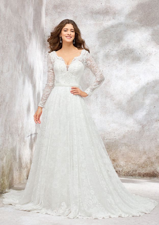 Classic A-Line Princess V-Neck Wedding Dress: Full Long Sleeve with Lace Chapel Train and Sequined Sashes BM bride
