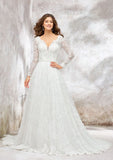 Classic A-Line Princess V-Neck Wedding Dress: Full Long Sleeve with Lace Chapel Train and Sequined Sashes BM bride