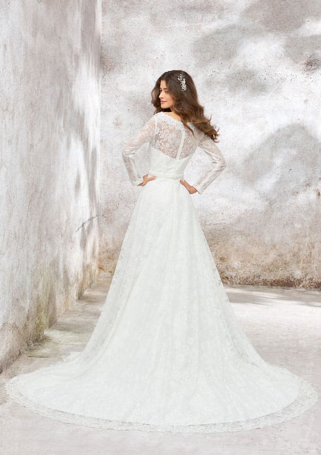 Classic A-Line Princess V-Neck Wedding Dress: Full Long Sleeve with Lace Chapel Train and Sequined Sashes BM bride