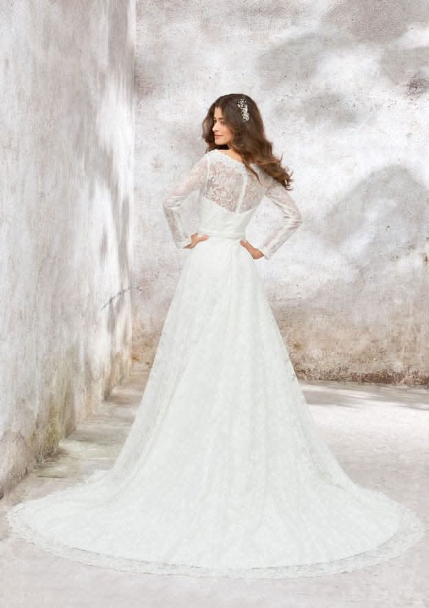 Classic A-Line Princess V-Neck Wedding Dress: Full Long Sleeve with Lace Chapel Train and Sequined Sashes BM bride