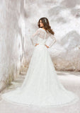 Classic A-Line Princess V-Neck Wedding Dress: Full Long Sleeve with Lace Chapel Train and Sequined Sashes BM bride