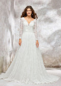 Classic A-Line Princess V-Neck Wedding Dress: Full Long Sleeve with Lace Chapel Train and Sequined Sashes BM bride