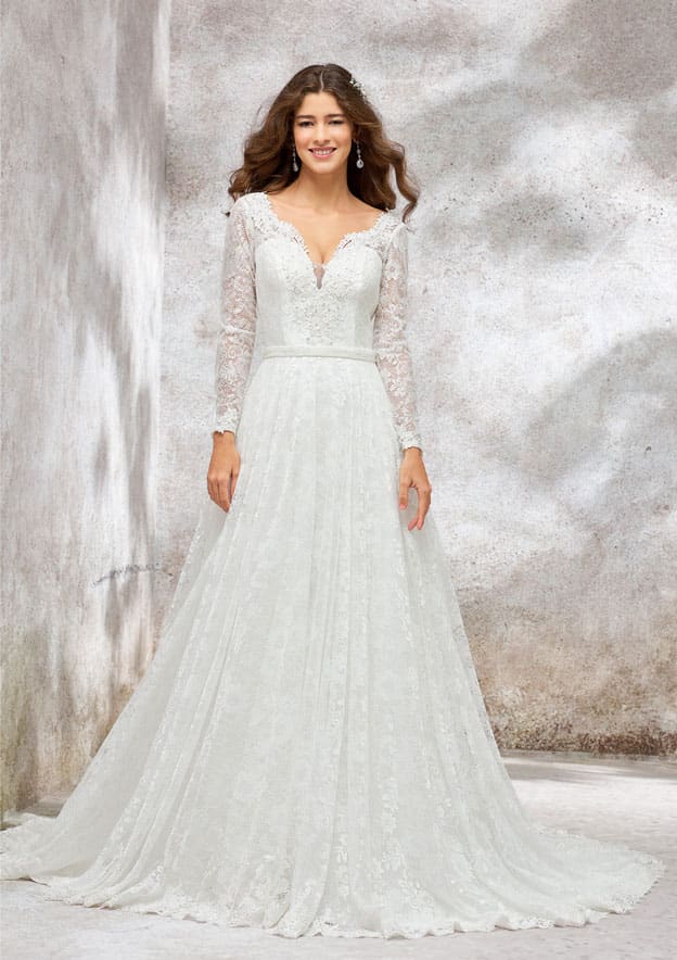 Classic A-Line Princess V-Neck Wedding Dress: Full Long Sleeve with Lace Chapel Train and Sequined Sashes BM bride