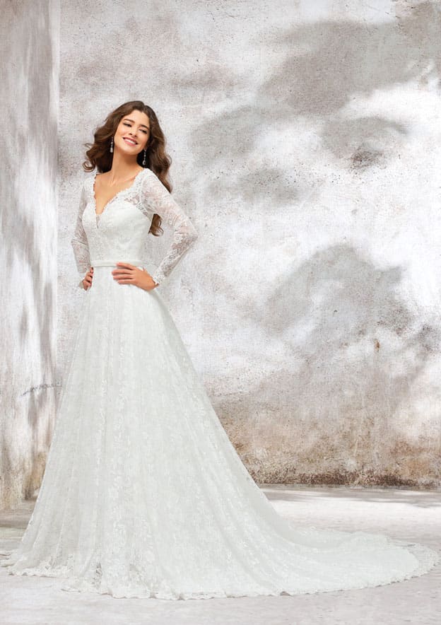 Classic A-Line Princess V-Neck Wedding Dress: Full Long Sleeve with Lace Chapel Train and Sequined Sashes BM bride