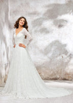 Classic A-Line Princess V-Neck Wedding Dress: Full Long Sleeve with Lace Chapel Train and Sequined Sashes BM bride