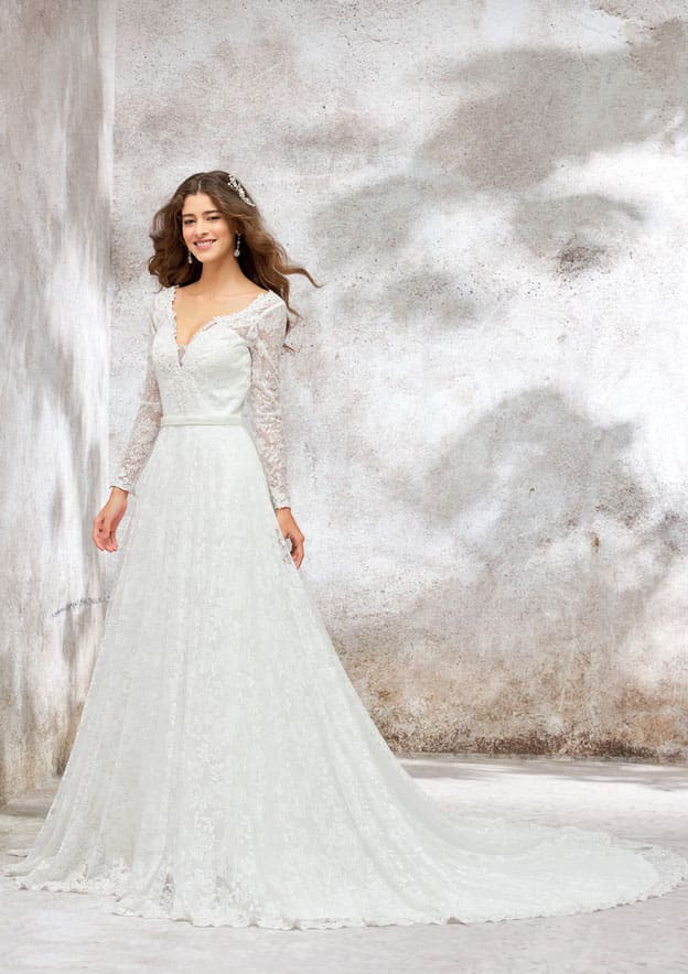 Classic A-Line Princess V-Neck Wedding Dress: Full Long Sleeve with Lace Chapel Train and Sequined Sashes BM bride