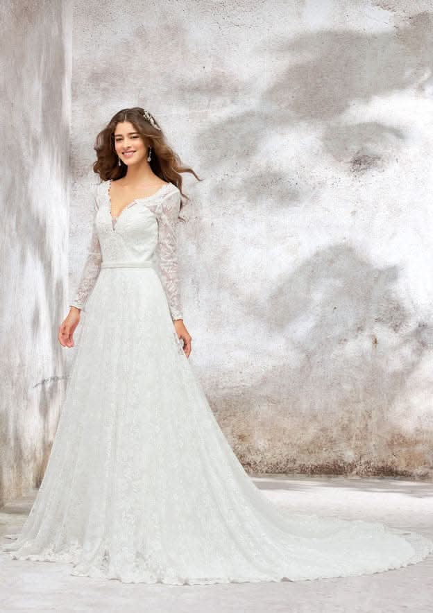 Classic A-Line Princess V-Neck Wedding Dress: Full Long Sleeve with Lace Chapel Train and Sequined Sashes BM bride