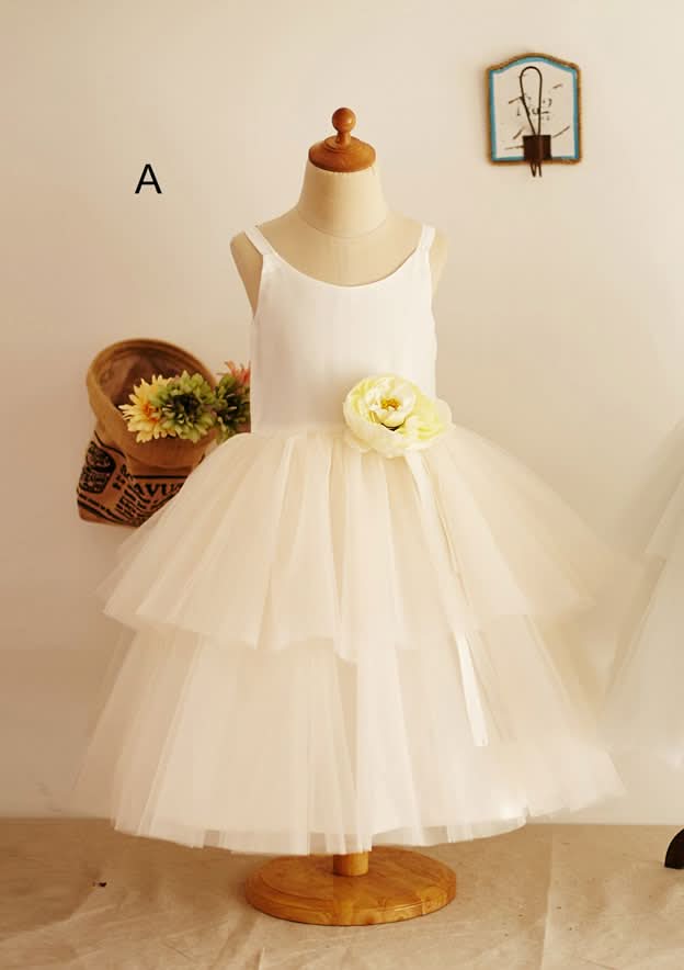Tea-Length Lace Dress with Stylish Bowknot - A-line/Princess Scoop Neck Flower Girl Dress BM bride