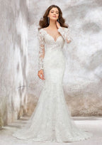 Refined Trumpet/Mermaid Illusion Neck Full-Length Sleeve Court Train Wedding Dress in Lace and Satin with Beaded Sequins BM bride