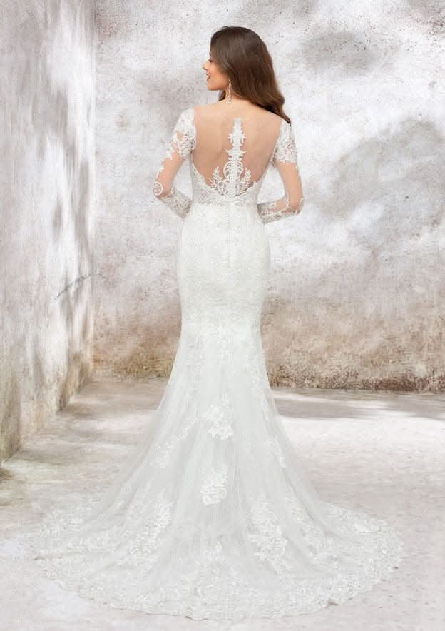 Refined Trumpet/Mermaid Illusion Neck Full-Length Sleeve Court Train Wedding Dress in Lace and Satin with Beaded Sequins BM bride