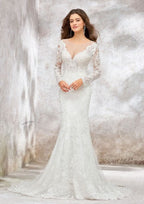 Refined Trumpet/Mermaid Illusion Neck Full-Length Sleeve Court Train Wedding Dress in Lace and Satin with Beaded Sequins BM bride