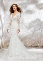 Refined Trumpet/Mermaid Illusion Neck Full-Length Sleeve Court Train Wedding Dress in Lace and Satin with Beaded Sequins BM bride