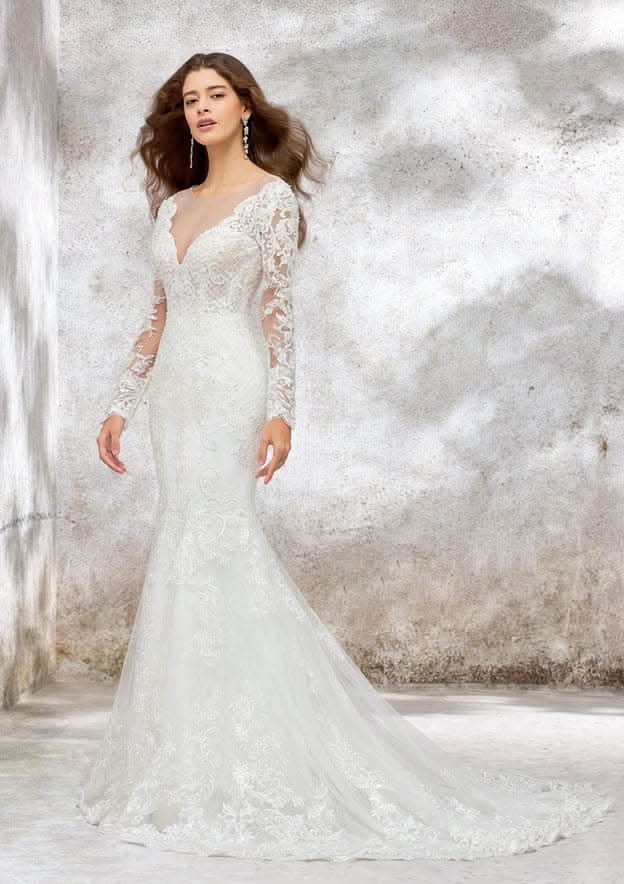 Refined Trumpet/Mermaid Illusion Neck Full-Length Sleeve Court Train Wedding Dress in Lace and Satin with Beaded Sequins BM bride