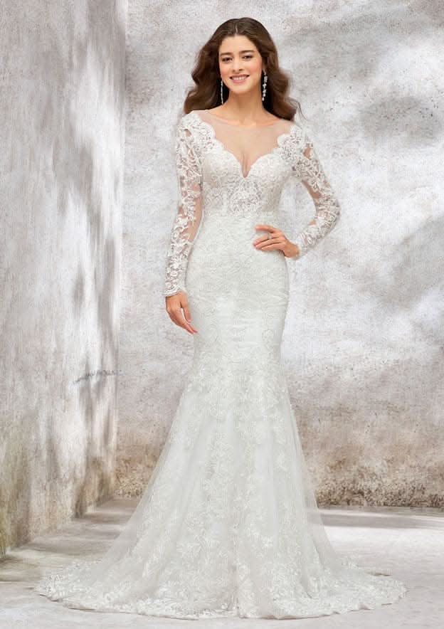 Refined Trumpet/Mermaid Illusion Neck Full-Length Sleeve Court Train Wedding Dress in Lace and Satin with Beaded Sequins BM bride