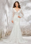 Refined Trumpet/Mermaid Illusion Neck Full-Length Sleeve Court Train Wedding Dress in Lace and Satin with Beaded Sequins BM bride