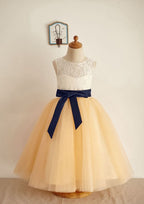 Knee-Length Taffeta Dress with Short Sleeves - A-line/Princess Scoop Neck Flower Girl Dress BM bride
