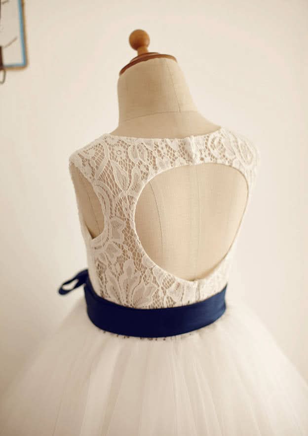 Tea-Length Lace Taffeta Dress with Bowknot - A-line/Princess Half Sleeve Scoop Neck Flower Girl Dress BM bride