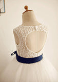 Tea-Length Lace Taffeta Dress with Bowknot - A-line/Princess Half Sleeve Scoop Neck Flower Girl Dress BM bride
