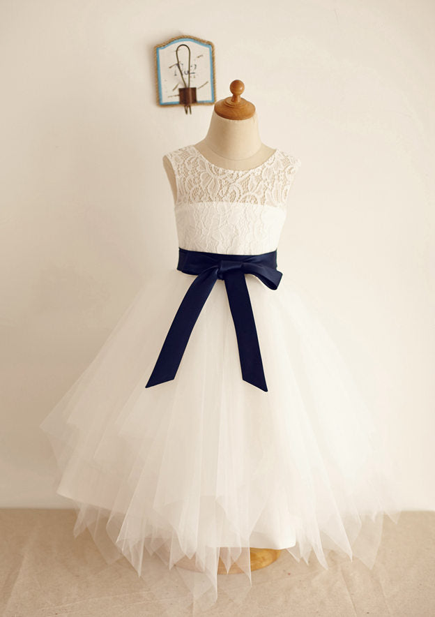 Tea-Length Lace Taffeta Dress with Bowknot - A-line/Princess Half Sleeve Scoop Neck Flower Girl Dress BM bride