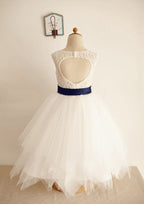 Tea-Length Lace Taffeta Dress with Bowknot - A-line/Princess Half Sleeve Scoop Neck Flower Girl Dress BM bride