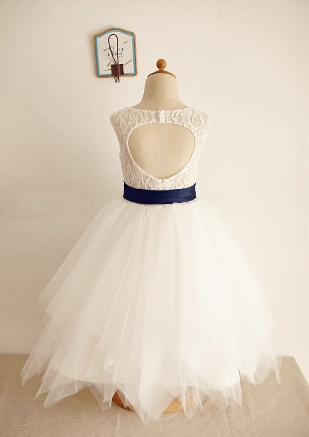Tea-Length Lace Taffeta Dress with Bowknot - A-line/Princess Half Sleeve Scoop Neck Flower Girl Dress BM bride