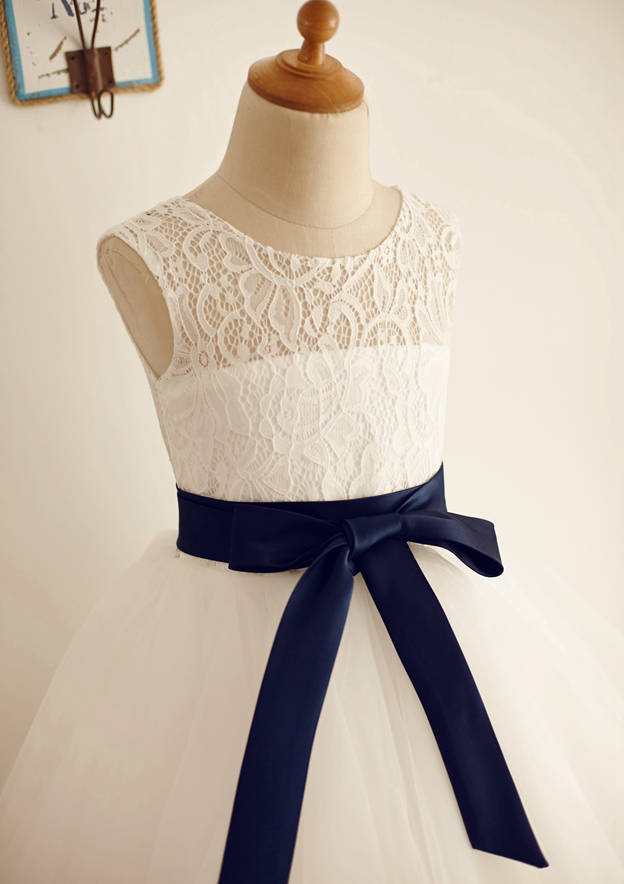 Tea-Length Lace Taffeta Dress with Bowknot - A-line/Princess Half Sleeve Scoop Neck Flower Girl Dress BM bride