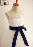 Tea-Length Lace Taffeta Dress with Bowknot - A-line/Princess Half Sleeve Scoop Neck Flower Girl Dress BM bride