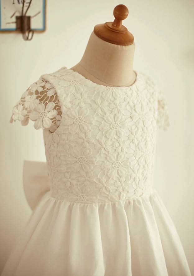 Tea-Length Lace Tulle Dress with Floral Details - A-line/Princess Scoop Neck Flower Girl Dress BM bride
