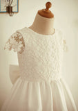 Tea-Length Lace Tulle Dress with Floral Details - A-line/Princess Scoop Neck Flower Girl Dress BM bride