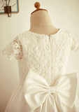 Tea-Length Lace Tulle Dress with Floral Details - A-line/Princess Scoop Neck Flower Girl Dress BM bride