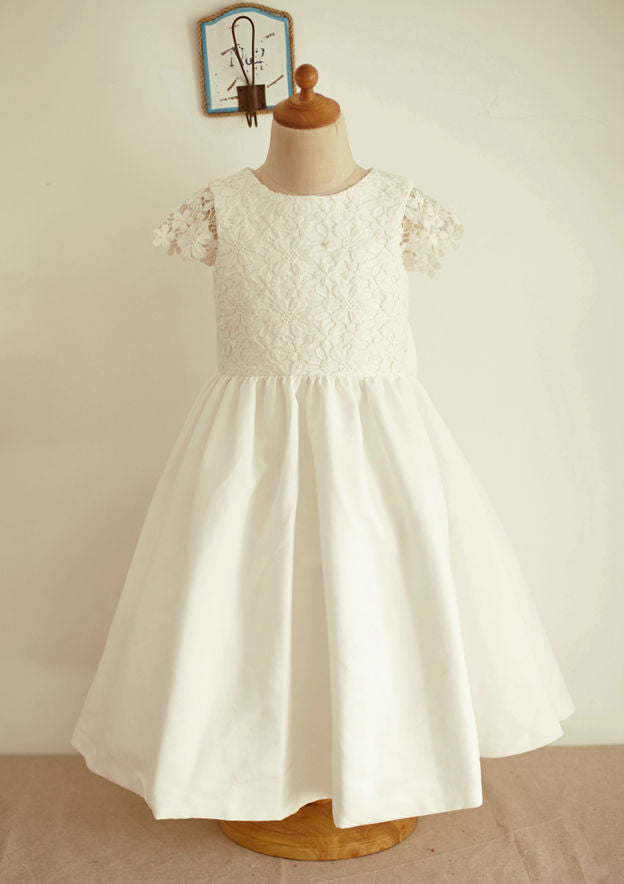 Tea-Length Lace Tulle Dress with Floral Details - A-line/Princess Scoop Neck Flower Girl Dress BM bride