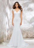 Stunning Trumpet/Mermaid Wedding Dress: V-Neck Sleeveless with Sweep Train in Chiffon and Appliqued Details BM bride