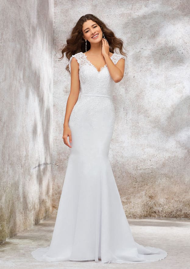 Stunning Trumpet/Mermaid Wedding Dress: V-Neck Sleeveless with Sweep Train in Chiffon and Appliqued Details BM bride
