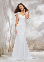 Stunning Trumpet/Mermaid Wedding Dress: V-Neck Sleeveless with Sweep Train in Chiffon and Appliqued Details BM bride