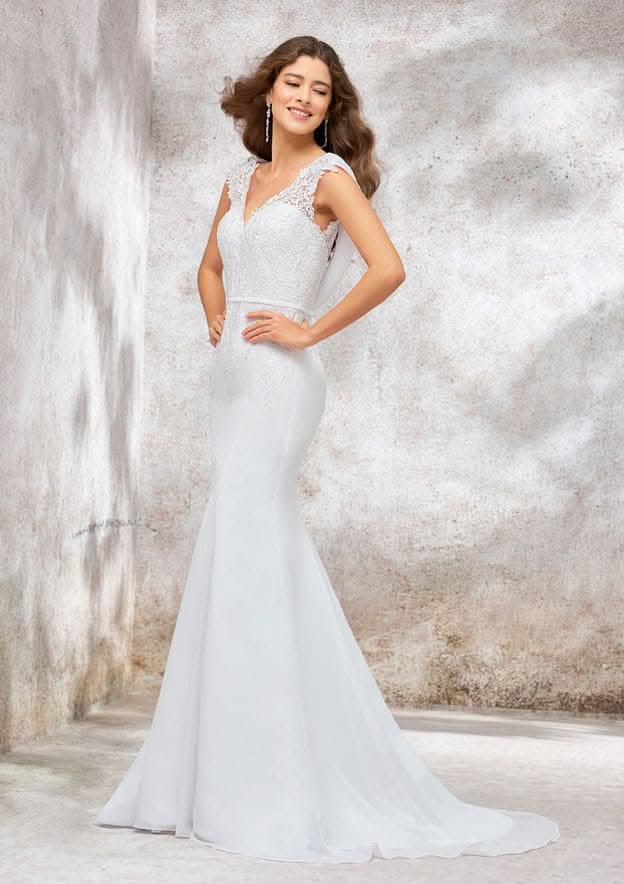 Stunning Trumpet/Mermaid Wedding Dress: V-Neck Sleeveless with Sweep Train in Chiffon and Appliqued Details BM bride
