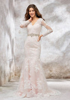 Sophisticated Trumpet/Mermaid V-Neck Full-Length Sleeve Chapel Train Satin Lace Wedding Dress with Sashes and Beading BM bride