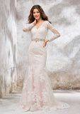 Sophisticated Trumpet/Mermaid V-Neck Full-Length Sleeve Chapel Train Satin Lace Wedding Dress with Sashes and Beading BM bride